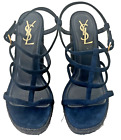Yves Saint Laurent Heels EUR 38 Navy Blue Suede Strappy Woven Block Shoes YSL