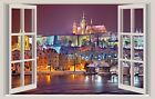 WALL STICKERS ADESIVI MURALI Praga di notte vista città Trompe L oeil finestra