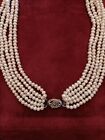 Collana di Vere Perle Di Fiume-5fili con Chiusura argento 925 Vintage Filigrana