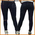 Pantaloni Jeans da Donna Strappati Blue Vita Bassa Schizzi Elasticizzati Skinny