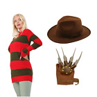 Women s Freddy Krueger Costume Striped Jumper Hat Claw Halloween Fancy Dress