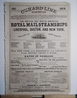 Cunard Line Royal Mail Stemships Liverpool Boston New York  Allen 1876
