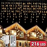 216 LEDs Tenda Luminosa, 5.5M Luce Stringa Catene Luminose, 8 Modalità Luci cascata Strisce LED, Barriera Fotoelettrica Decorare Interni Esterni Finestra Patio Giardino Natale Halloween, Bianco Caldo