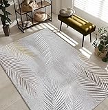 the carpet Mila moderno tappeto soggiorno, elegante tappeto lucido a pelo corto soggiorno in grigio con motivo piume oro argento, tappeto, 80 x 150 cm