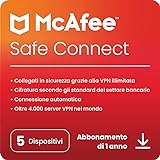 McAfee Safe Connect 2024, Software VPN illimitato, Internet Security e privacy,5 Dispositivi,1 utente,PC/Mac/iOS/Android, Abbonamento di 1 anno,Codice di attivazione tramite e-mail