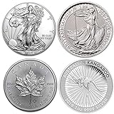 Lotto di 4 monete d argento (4 once): American Silver Eagle, Britannia, Mapple Leaf, Kangorooo (2019 numeri)