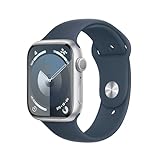 Apple Watch Series 9 GPS 45mm Smartwatch con cassa in alluminio color argento e Cinturino Sport blu tempesta - M/L. Fitness tracker, app Livelli O₂, display Retina always-on, resistente all’acqua
