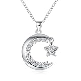 Qiandi - Collana con ciondolo a forma di luna e stella, in argento S925, con strass e zirconia cubica rotonda