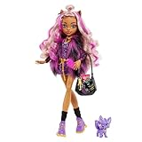 Monster High - Clawdeen, bambola con accessori e gattino, snodata e alla moda con capelli con ciocche viola, Giocattolo per Bambini 4+ Anni, HHK52