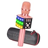 BONAOK Karaoke Microfono Senza Filo Aggiornato Luci LED Colorate Lampeggianti, 4 in 1 Microfono Karaoke, Portatile Karaoke Player Machine Festa a Casa Speaker Regalo per Android/iOS (Oro Rosa)