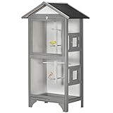 PawHut Wooden Bird Aviary Outdoor Bird Cage for Finch, Canary w/Removable Tray, Asphalt Roof - Grey
