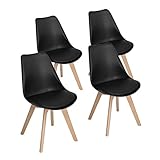 BAKAJI Set 4 sedie Design Tulipano con cuscino imbottito ecopelle, sedia modello Nordico Scocca in Polipropilene NERO e Gambe Legno Faggio
