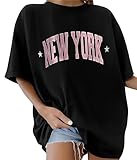 Lonya T-Shirt Donna Girocollo in 100% Cotone Magliette Manica Corta con Spalle Larghe Maglia Estiva Causale Oversize Maglietta Tee Tops con Stampa, Nero+New York, XL