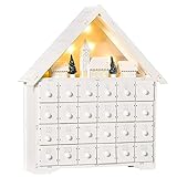 HOMCOM Calendario dell Avvento in Legno da Riempire con 24 Cassetti e Villaggio di Natale con Alberi e Luci, 39x9x42cm
