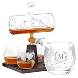 Maverton Decanter per Whisky in vetro - incisione personalizzata - Caraffa da 1000 ml con una nave all’interno + 4 Set bicchieri whisky - idea regalo per la donna - corona