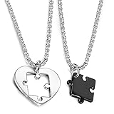 LEEQ Set di 2 collane in acciaio inox per uomo e donna, con ciondolo a forma di puzzle nero e a forma di cuore(lunghezza 56 cm)