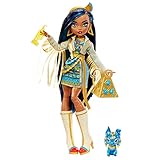 Monster High - Cleo de Nile, bambola snodata alla moda, dai capelli con ciocche blu, con accessori e cagnolino, Giocattolo per Bambini 4+ Anni, HHK54