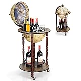 GOPLUS Mappamondo Bar Porta Bottiglie Scaffale per Vino in Modello Mappamondo Vintage Artistico, Supporto Robusto di Legno, con 3 Ruote 88x44,5x44,5cm