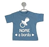 Fashion Graphic Mini T-Shirt Auto Ciuccio Nome Bimbo Bimba a Bordo Personalizzata con Nome Dotata di Gruccia e Ventosa (Celeste)