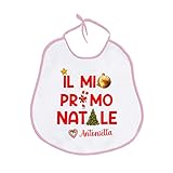 Gattablu Bavaglino bavetta neonata Il Mio Primo 1° Natale, personalizzato con nome di bimba! Pallina, bastoncino di zucchero, alberello, stellina!