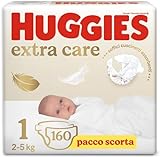 Huggies Extra Care Bebè, Pannolini Taglia 1 (2-5Kg), Ultra assorbente, Pacco Scorta, 160 Pz