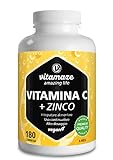 Vitamina C Pura 1000 mg Alto Dosaggio + Zinco, Per 6 Mesi, 180 Compresse Vegan de Vitamin C Dose Forte, Qualità Tedesca, Naturale Integratore Alimentare senza Additivi non Necessari. Vitamaze®