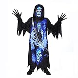 Sincere Party Il costume da Triste Mietitore Grim Reaper per bambini,Fantasma dell oscurità,Veste nera spettrale con guanti spettrali,Maschera stampata 6-8 anni.