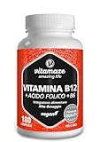 Vitamina B12 1000 mcg + 375 mcg Acido Folico + Vitamina B6 ad alto Dosaggio (6 mesi di trattamento) 180 Compresse Vegan, Qualità Tedesca. Vitamaze®