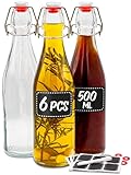 6 Bottiglie Vetro 500ml con Tappo Ermetico con 6 Guarnizioni Extra, 12 Ettichette e Penna - per Olio, Liquori, Vino