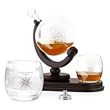 Maverton Decanter per Whisky in vetro - incisione personalizzata - Caraffa a forma di mappamondo da 850 ml + 2 bicchieri whisky - idee regalo donna - bussola