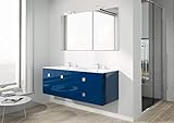 Mobile da bagno blu lucido c/doppio lavabo e specchio rett. e led - Base con 2 ante,2 cassetti, 2 lavabi integrati