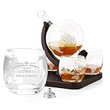Maverton Decanter per Whisky in vetro - incisione personalizzata - Caraffa a forma di mappamondo da 850 ml + 4 Set bicchieri whisky - idea regalo per l’uomo - whiskey