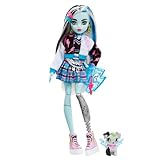 Monster High - Frankie, bambola snodata alla moda, dai capelli con ciocche blu e nere, con accessori e cucciolo, Giocattolo per Bambini 4+ Anni, HHK53