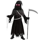 Spooktacular Creations Child Unisex Glowing Eyes Reaper Costume for Creepy Phantom Halloween Costume (Small (5 – 7 yrs))