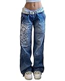 ORANDESIGNE Jeans Lunghi per Donna Alta Vita Jeans per Ragazza Tasche Laterali Strappati Pants Jeans Sfrangiati Larghi Pantaloni di Primavera/Autunno Tinta Unita A Blu S