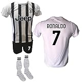 Generico Completo Calcio Maglia bianconera Home Ronaldo CR7, Pantaloncino con Numero 7 Stampato e Calzettoni Replica Autorizzata Taglie da Bambino e Adulto (10 Anni)