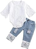 Juflam Neonato Baby Girl Vestiti Ricamato Pizzo Romper Ripped Jeans Denim Pants Toddler Infant Outfit Set (18-24 mesi, manica lunga)
