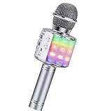 ShinePick Microfono Karaoke Bluetooth, Microfono bambini, Microfoni Wireless LED Flash Portatile Karaoke Player con Altoparlante per Android/iOS, PC e Smartphone(Argento)