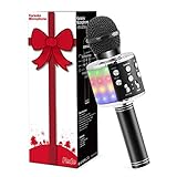 Fede Microfono Karaoke Bluetooth Wireless per Bambini, Karaoke Portatile con Luci LED Multicolore per Cantare, Funzione Eco, Compatibile con Android/iOS, PC o smartphone Nero