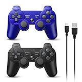Powerextra Controller Wireless per PS3, Controller da Gioco ad Alte Prestazioni da 2 Pezzi con Joystick Potenziato Double Shock per PlayStation 3 (Nero e Blu)