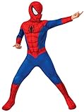 Rubies Costume Spiderman da bambino con copristivali attaccati e maschera in tessuto ufficiale del film Uomo Ragno Marvel, M (5-7anni)