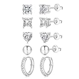 EXGOX Orecchini in argento 925, orecchini d argento per le donne ragazze ipoallergenici Orecchini a cerchio d argento Orecchini a sfera cuore lucido Cubic Zirconia Diamante Orecchini Set (5 paia)