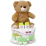 MilaBoo® - Torta di pannolini, verde, per bambino o bambina, con un piccolo orsacchiotto morbido, per neonati, torta con pannolini e prodotti di Hipp