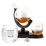 Maverton Decanter per Whisky in vetro - incisione personalizzata - Caraffa a forma di mappamondo da 850 ml + 2 bicchieri da whisky - regalo uomo - original