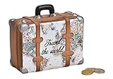 Wurm Splendido salvadanaio da viaggio a forma di valigetta, con mappa del mondo, tappo e scritta in lingua inglese
