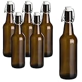 gouveo Set di 6 bottiglie di vetro da 500 ml, anticato, con chiusura a leva, colore bianco, bottiglia da 0,5 l, in vetro marrone da riempire, bottiglia con tappo per birra, succo, acqua