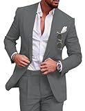 Tiavllya Completo in lino da uomo, 2 pezzi, casual, slim fit, estivo, spiaggia, vintage, matrimonio, sposo, blazer, grigio., 52