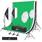 OMBAR Kit Studio fotografico，2,6 x 3 m supporto per sfondo fotografico da, 4 X 135 W E27 5500 K lampadine,panno fotografico da 2 x 3 m (nero bianco verde), ombrello riflettente bianco e Softbox