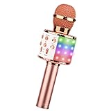 ShinePick Microfono Karaoke Bluetooth, Microfono bambini, Microfoni Wireless LED Flash Portatile Karaoke Player con Altoparlante per Android/iOS, PC e Smartphone(Oro Rosa)