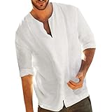 Modaworld T-Shirt da Uomo Estivo Camicia in Cotone Lino a Maniche Corte Senza Bottoni Casual Scollo a V in Tinta Unita